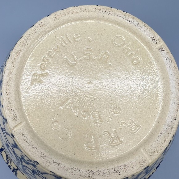 VTG R.R.P. Co Blue Spongeware Mixing Bowl 9" Robinson Ransbottom Roseville EUC - Picture 4 of 7
